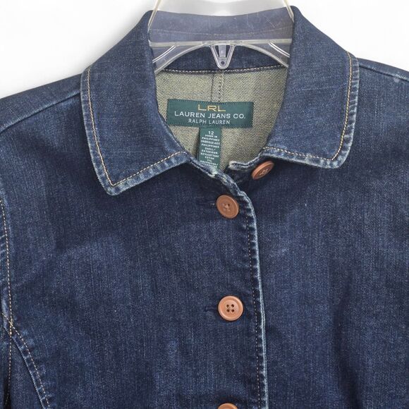 LRL Ralph Lauren Jeans Co Womens Sz 12 Denim Jacket Bell Sleeves Peplum Stretch - Picture 2 of 10